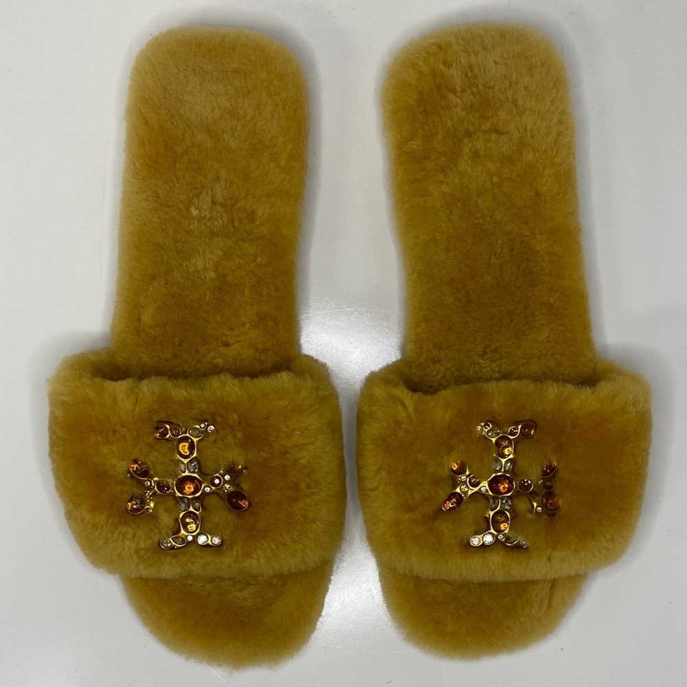 Tory Burch Golden Yellow Faux Fur Jeweled Logo Slide Slippers